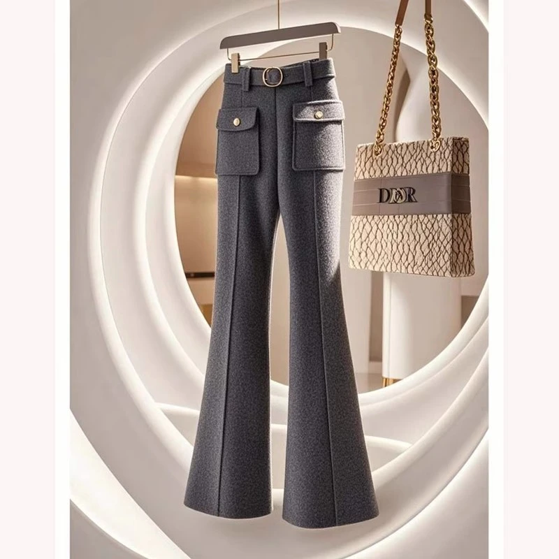 灰色加绒加厚喇叭裤子女2024冬季高级感超好看气质高腰显瘦阔腿裤