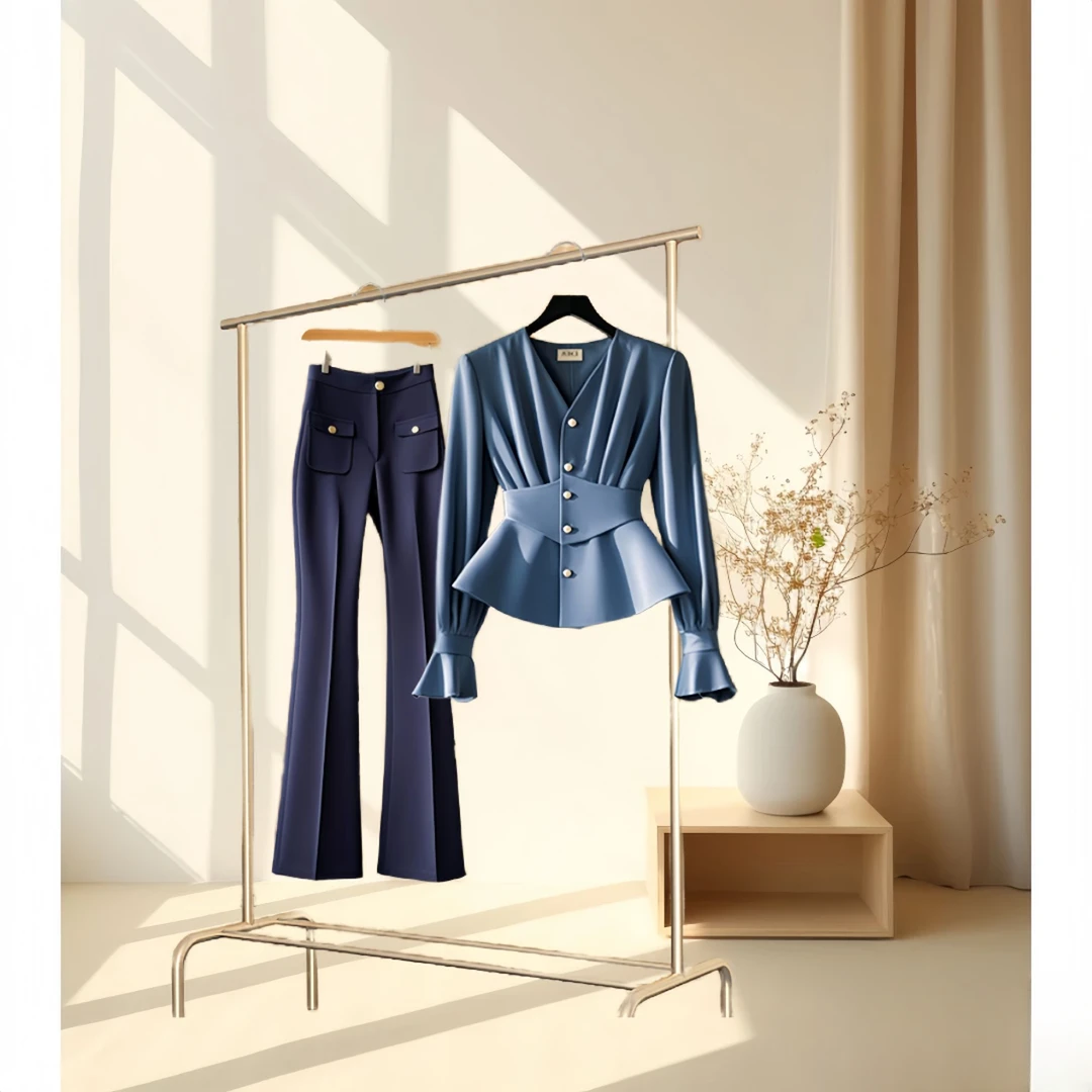 失序混搭韩系高级感气质收腰上衣上班族雅丹风高腰微喇西装裤女装