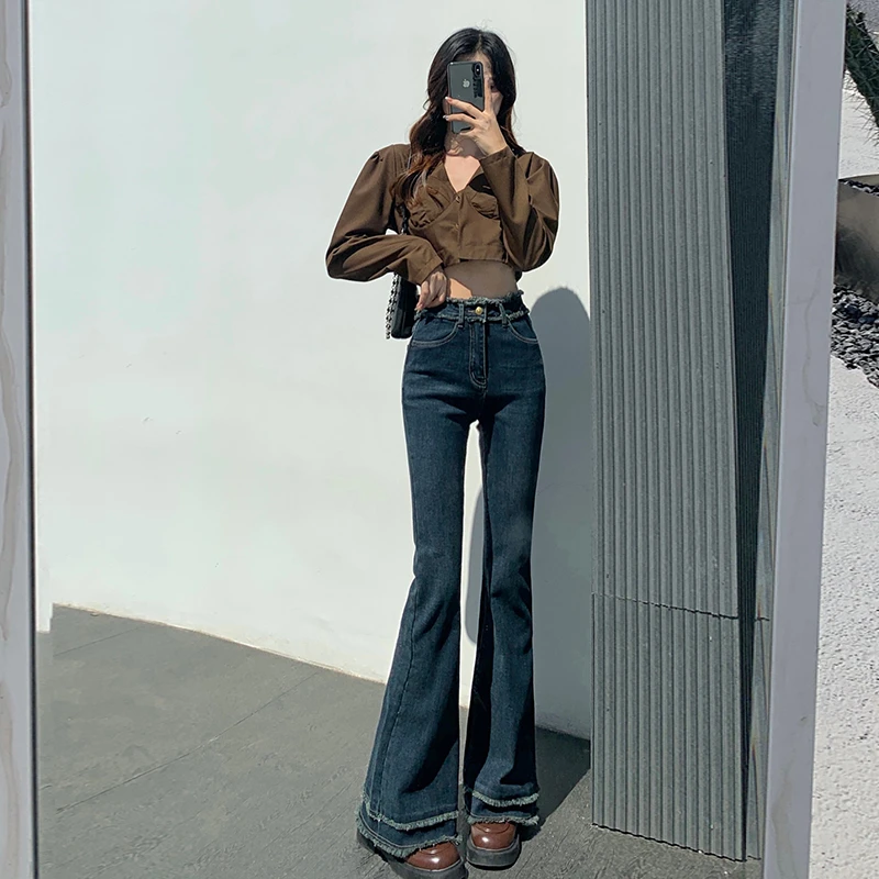 复古毛边微喇牛仔裤女秋冬2022年新款高腰显瘦弹力设计感马蹄裤子