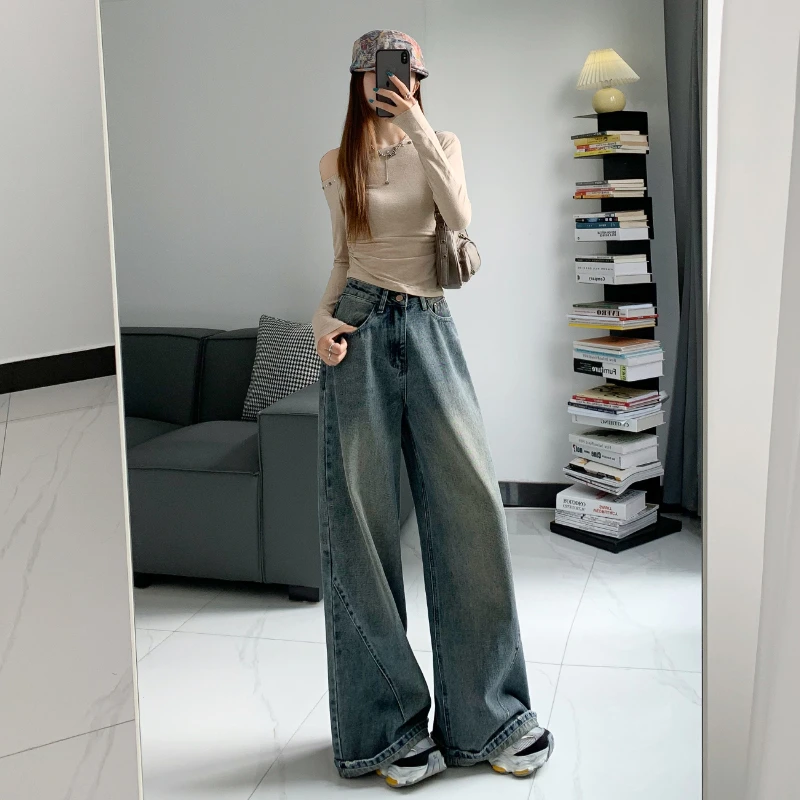 ZHENYIFANG/真衣坊复古高腰阔腿牛仔裤女宽松显瘦直筒拖地裤py