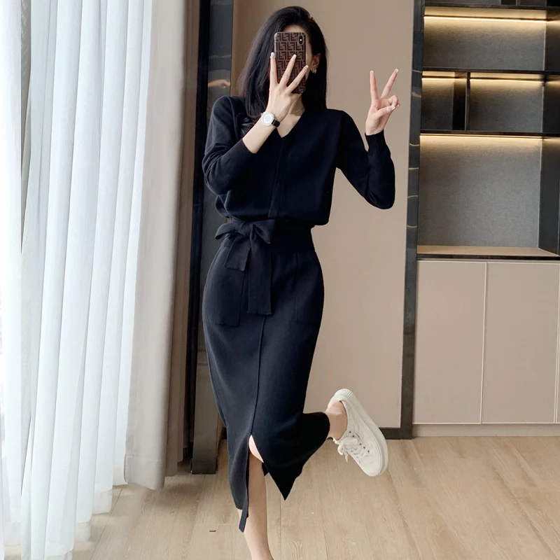 v领针织时尚套装遮肚子毛衣收腰半身裙中长款毛衣裙两件套秋冬女