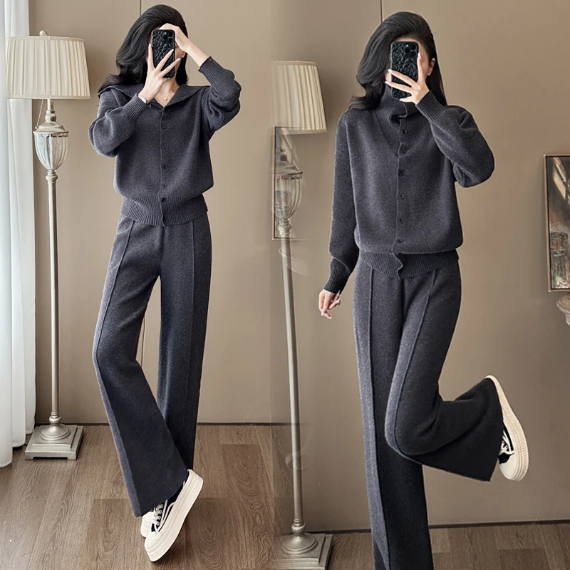 时尚休闲慵懒风减龄针织套装女秋冬新款高领毛衣外套阔腿裤两件套