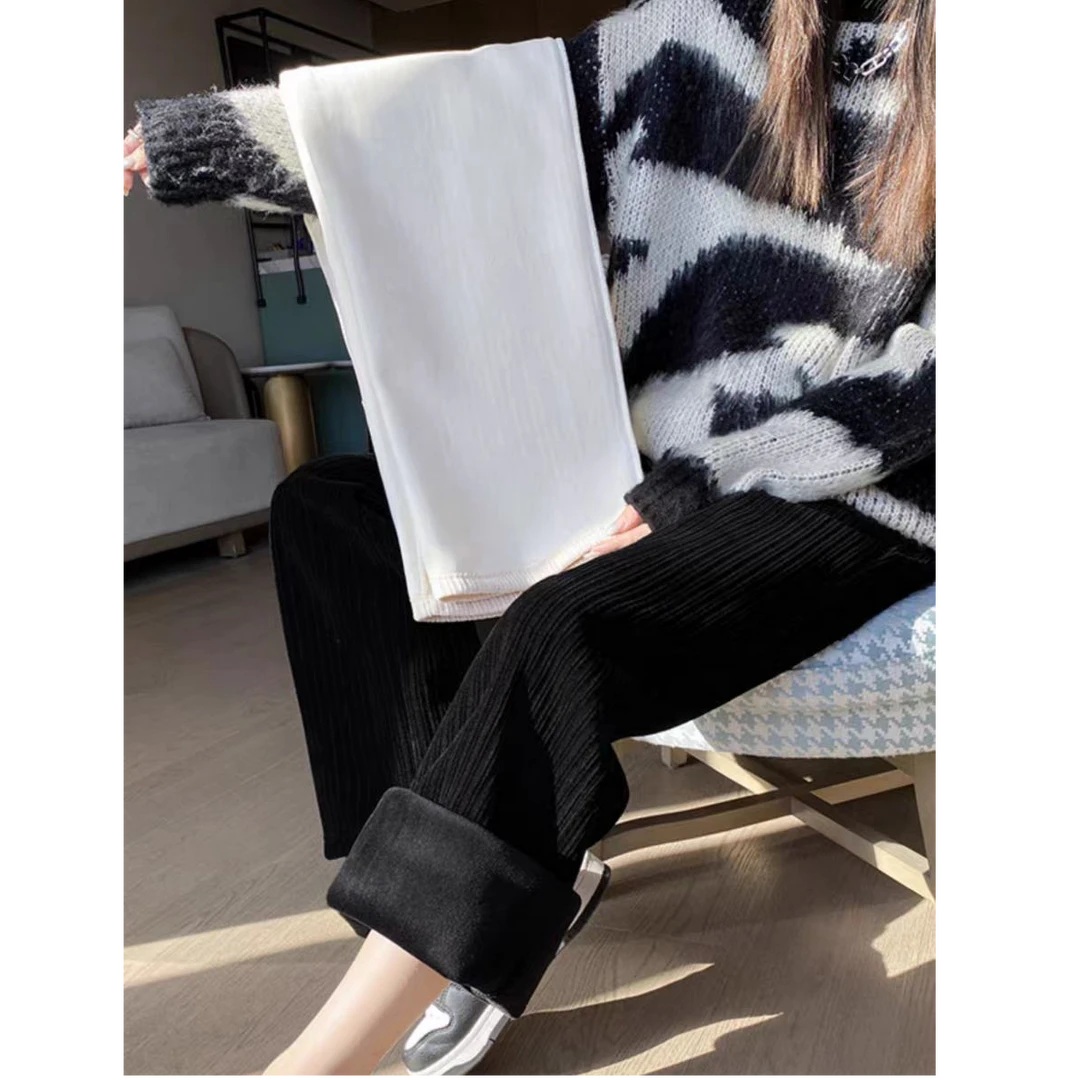 771-雪尼尔加绒女2024秋冬新款高腰垂感休闲黑色加厚直筒裤1215