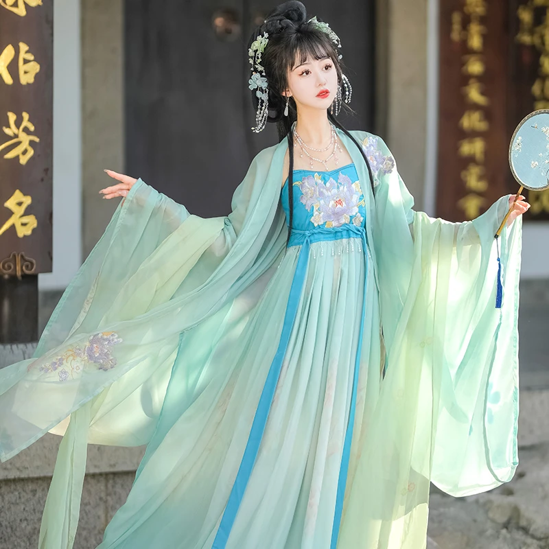 新款原创唐制汉服女古装刺绣诃子裙大袖衫齐胸仙气汉元素套装秋季