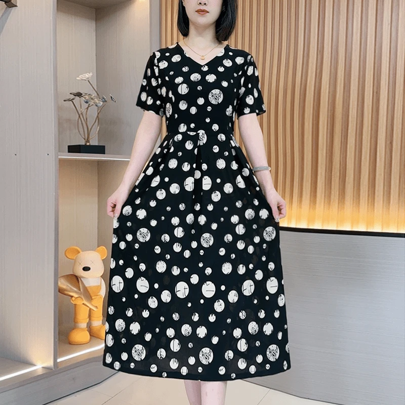 2024年新款夏季大码v领显瘦连衣裙中长款中老年宽松大码裙子H264