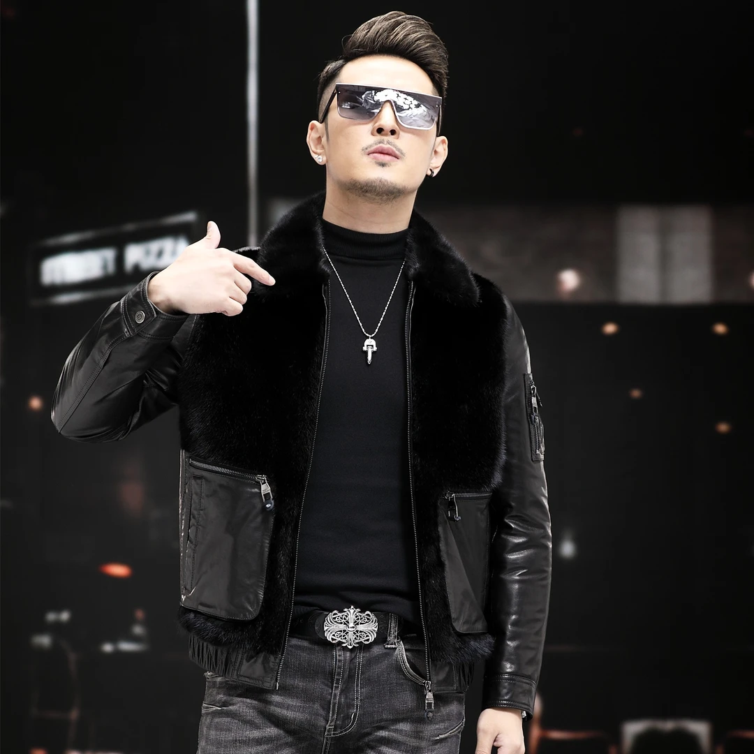 男士真皮轻奢时尚潮流休闲冬季黑色修身保暖皮衣外套23832