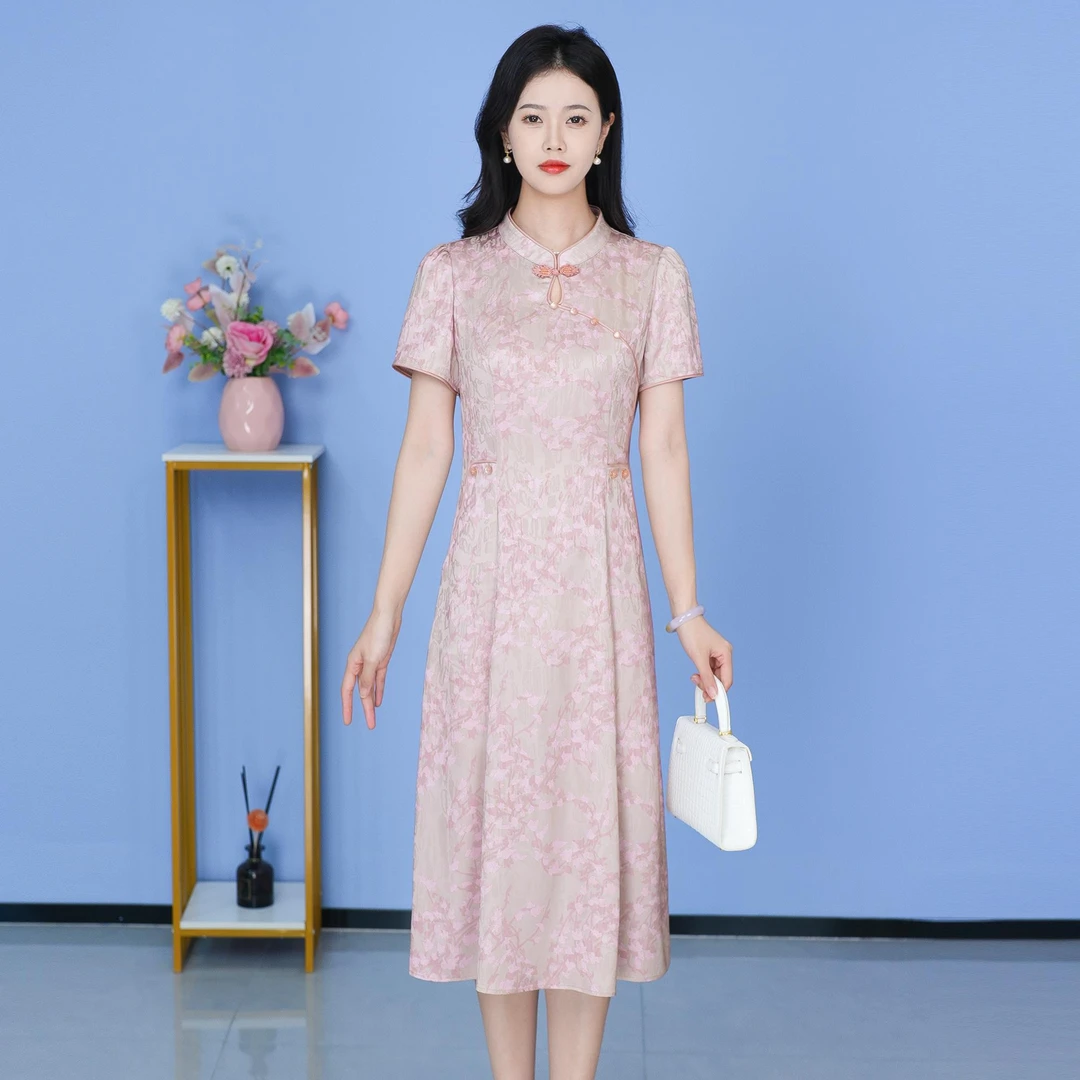 【SJYF759】新款连衣裙中长款气质中式收腰印花修身女装连衣裙