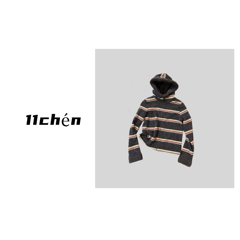 【11chén】“画出霓虹”高级感休闲条纹百搭连帽卫衣外套