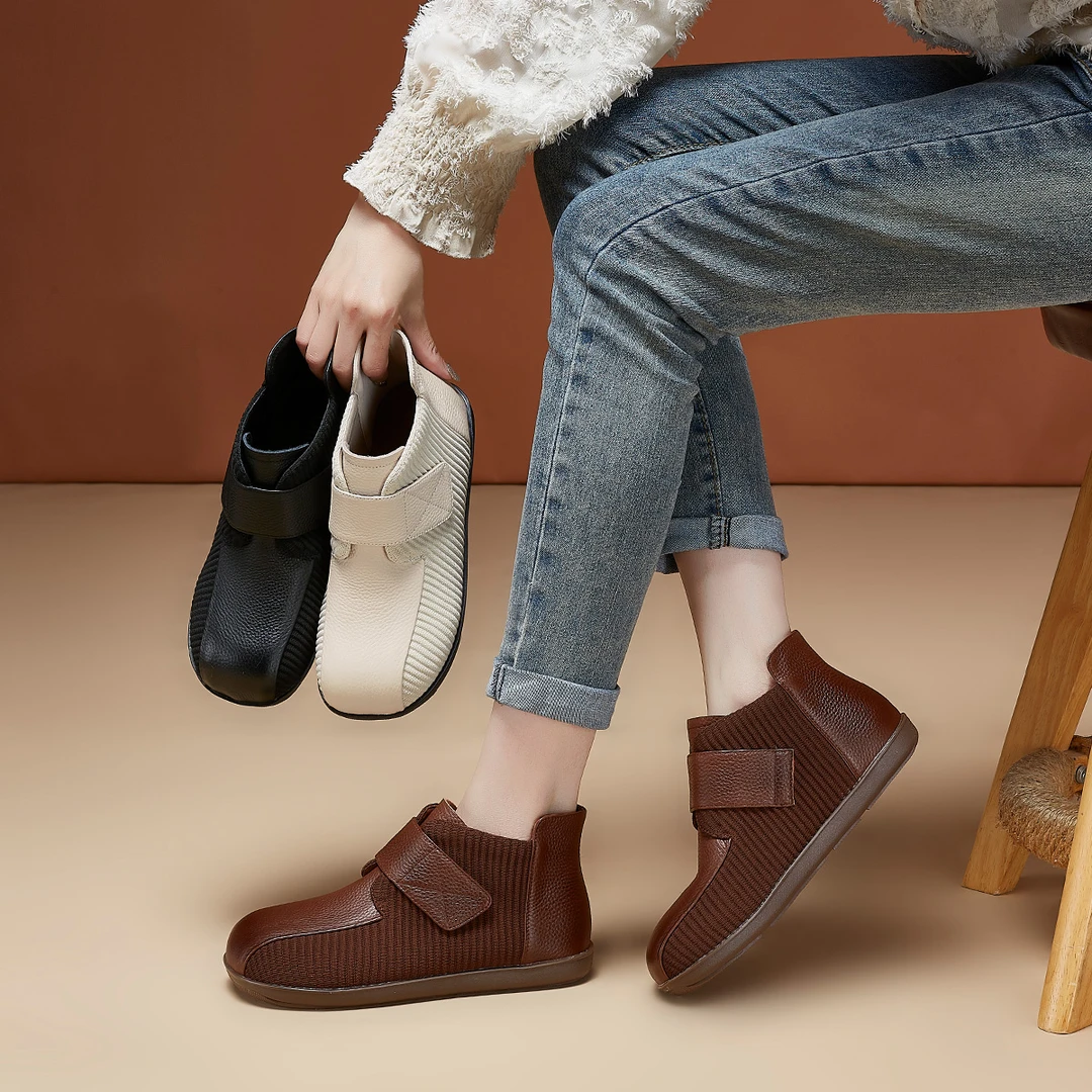 OL463头层牛皮复古魔术贴软底舒适短靴女真皮平底女鞋圆头