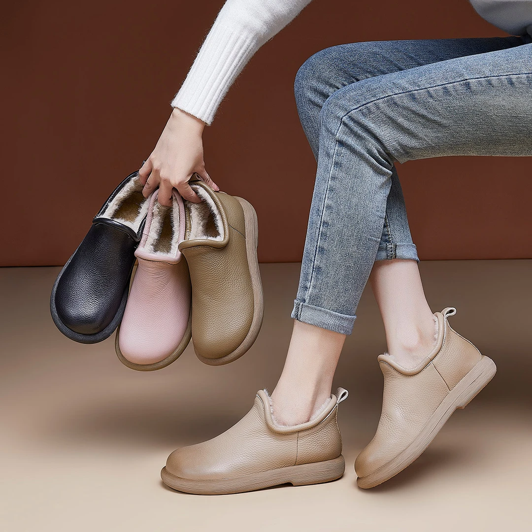 头层牛皮女鞋秋冬软底加绒一脚蹬时尚休闲软底圆头女鞋
