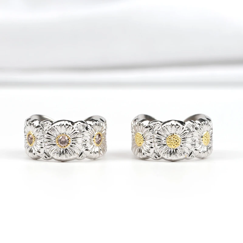 925银戒指 小雏菊戒指指环镶钻开口永恒布契拉风格花朵对戒情侣戒