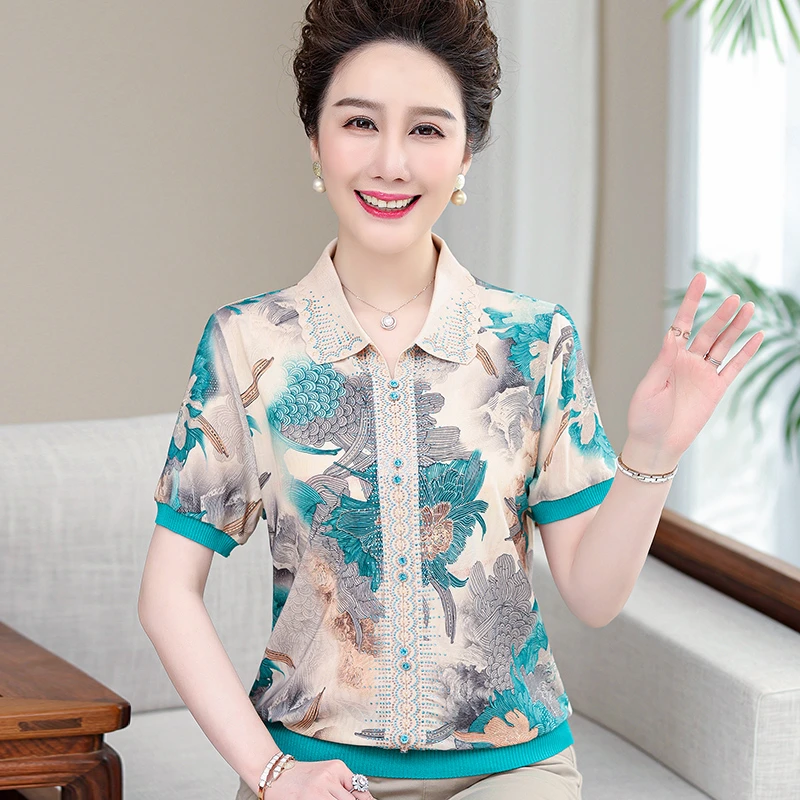 妈妈装女装夏装新款短袖T恤洋气冰丝上衣中老年夏季薄款小衫