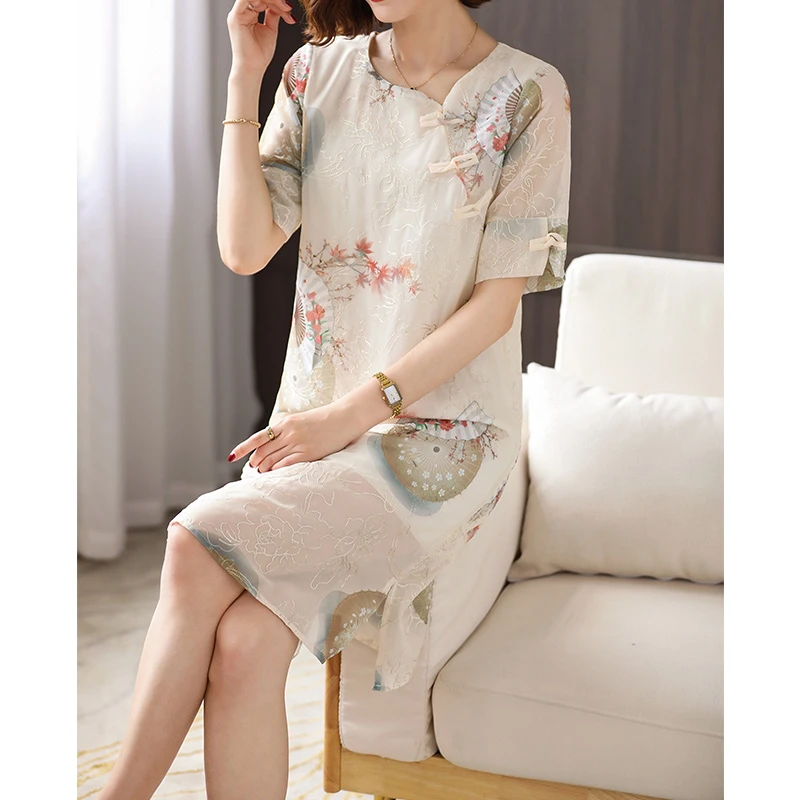 妈妈夏装2024新款旗袍连衣裙中老年女国风新中式短袖大码裙子薄款