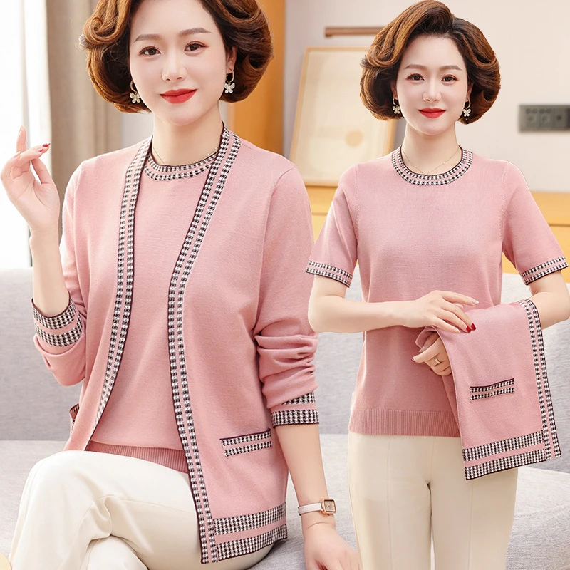 2025新款妈妈装春秋两件套装上衣服中老年女装早秋洋气质针织开衫