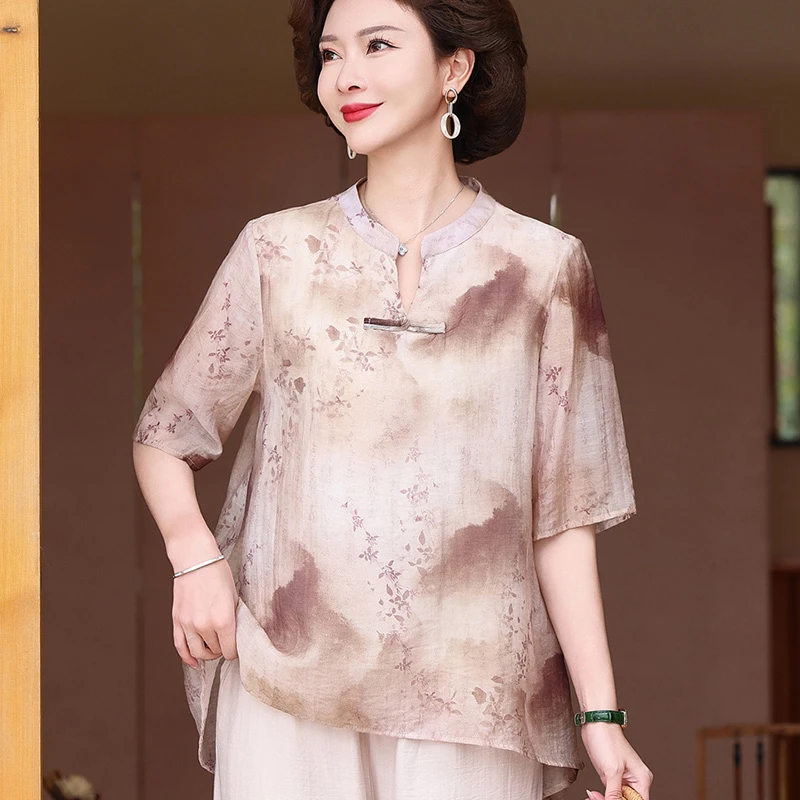 妈妈夏装短袖洋气中式上衣中年妇女中国风T恤中老年气质薄款小衫