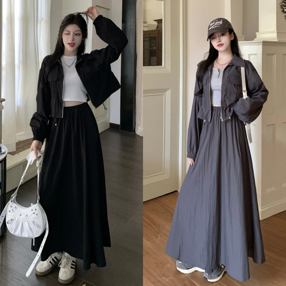 大码女装胖MM秋季时尚显瘦短款外套+半身裙两件套装