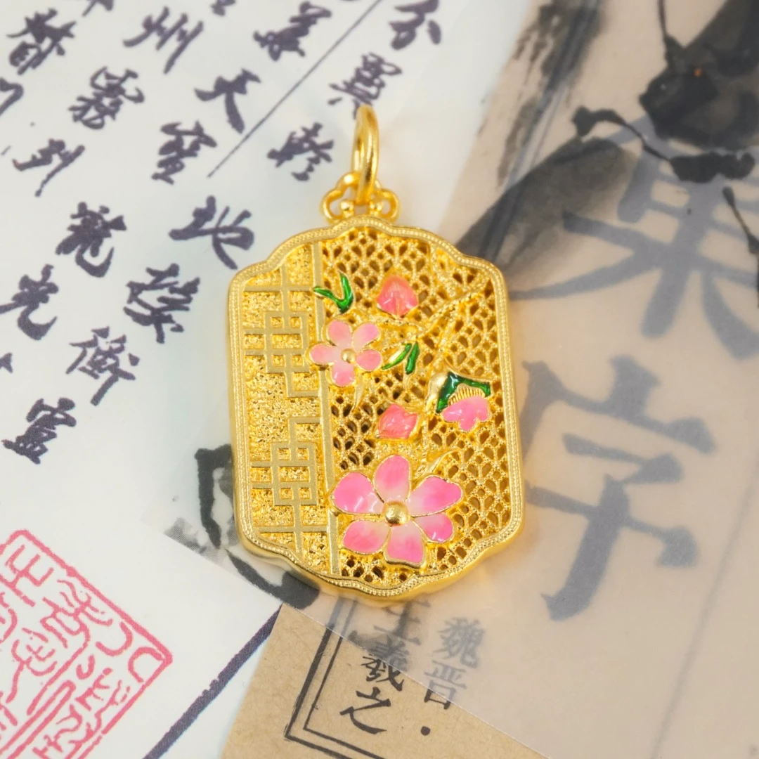 吊坠足银  珐琅彩 桃花吊坠  包金工艺
