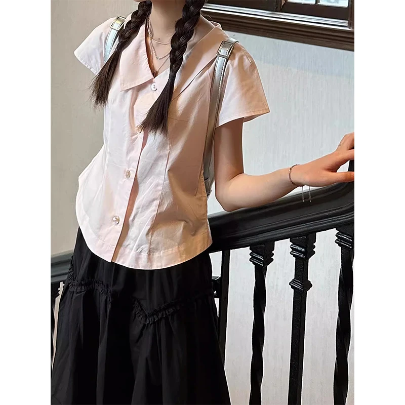 粉色短袖衬衫女夏季新款设计感小个子百搭修身显瘦短款学院风上衣