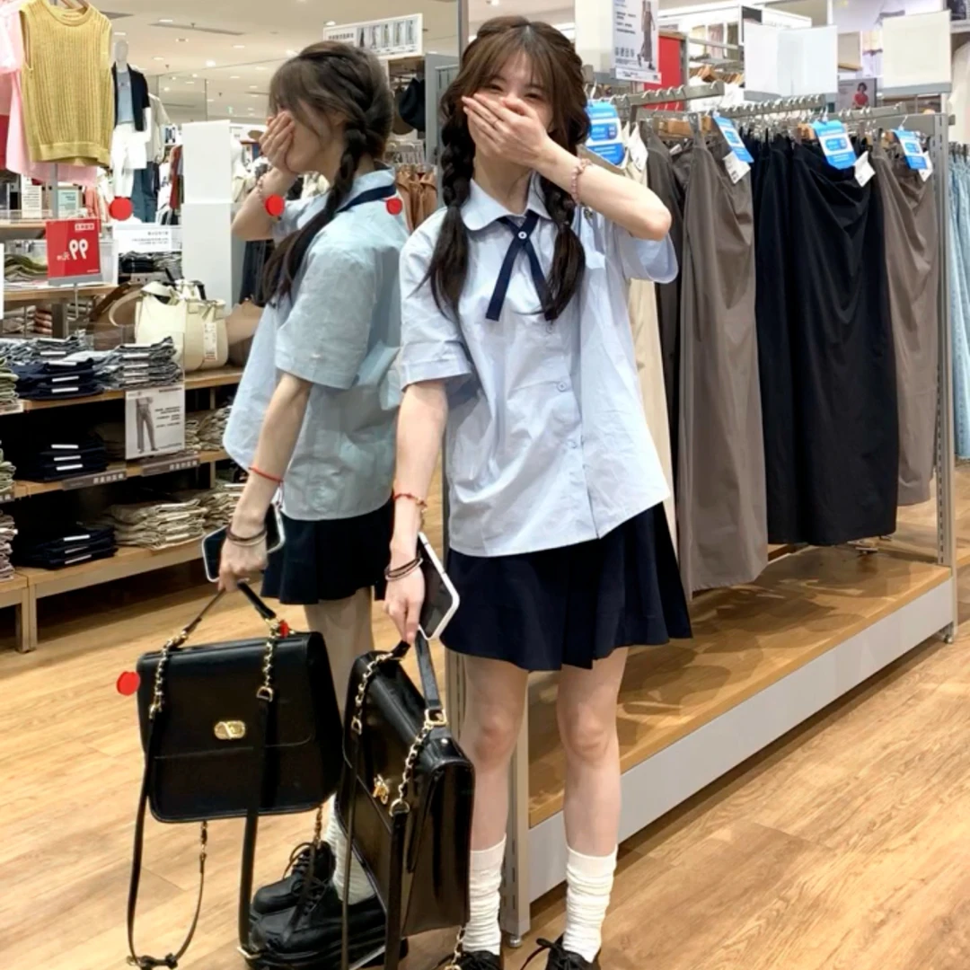 2025夏季泰式学院风蓝色短袖衬衫JK制服套装女宽松百搭甜美上衣潮