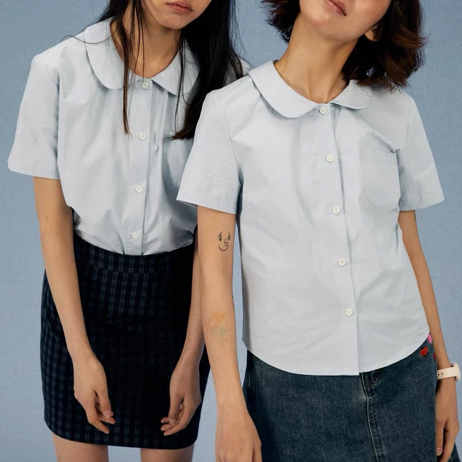 甜美娃娃领短袖衬衫女学院风高级感百搭显瘦衬衣小清新正肩上衣夏