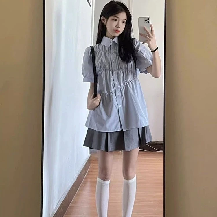 蓝色衬衫女短袖夏季新款设计感小众潮流宽松休闲学院风高级感衬衣