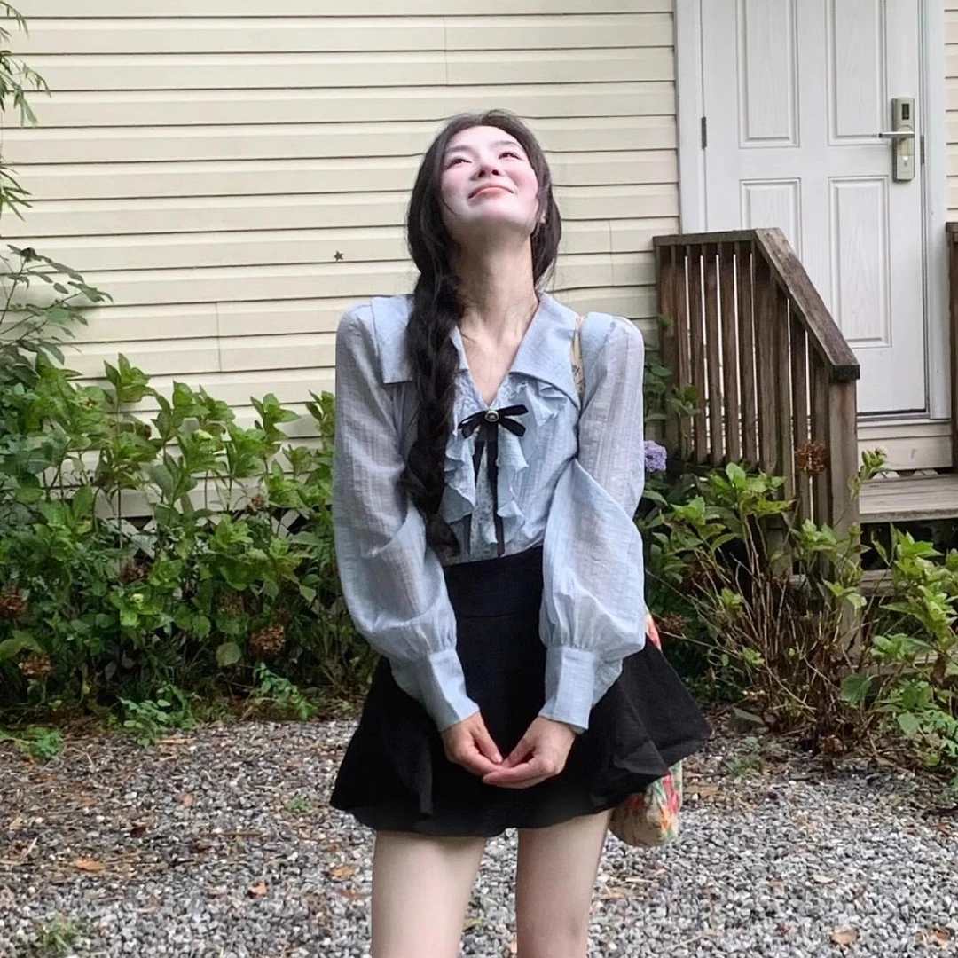 法式荷叶边蓝色衬衫女韩系设计感百搭休闲2025春季长袖蝴蝶结上衣