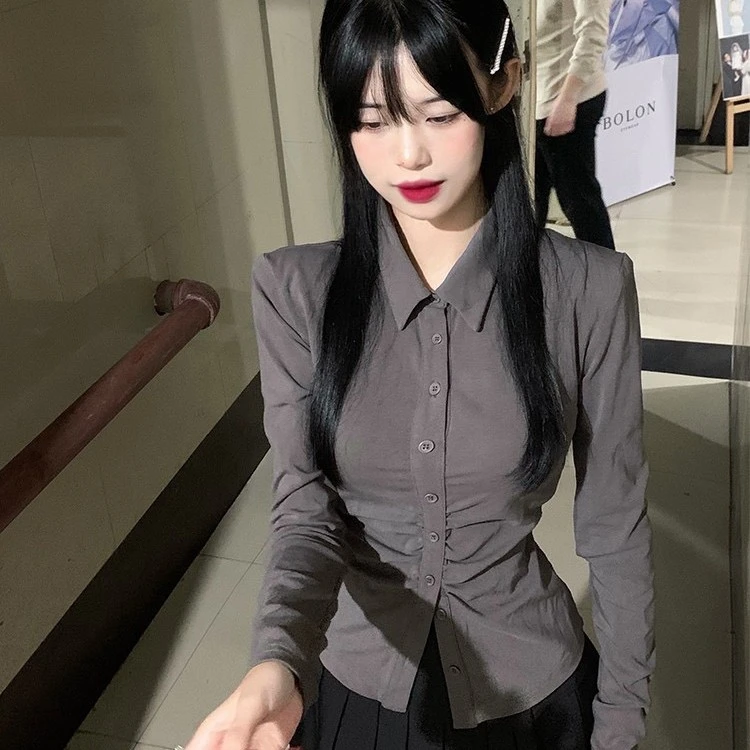 收腰显瘦弹力长袖jk衬衫女纯欲辣妹修身褶皱灰色衬衣百搭学姐上衣