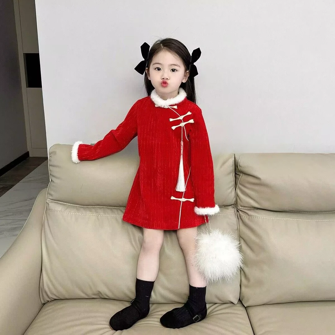 【冬季大促】儿童过年红色拜年服中国风女童夹棉加厚旗袍裙秋冬宝
