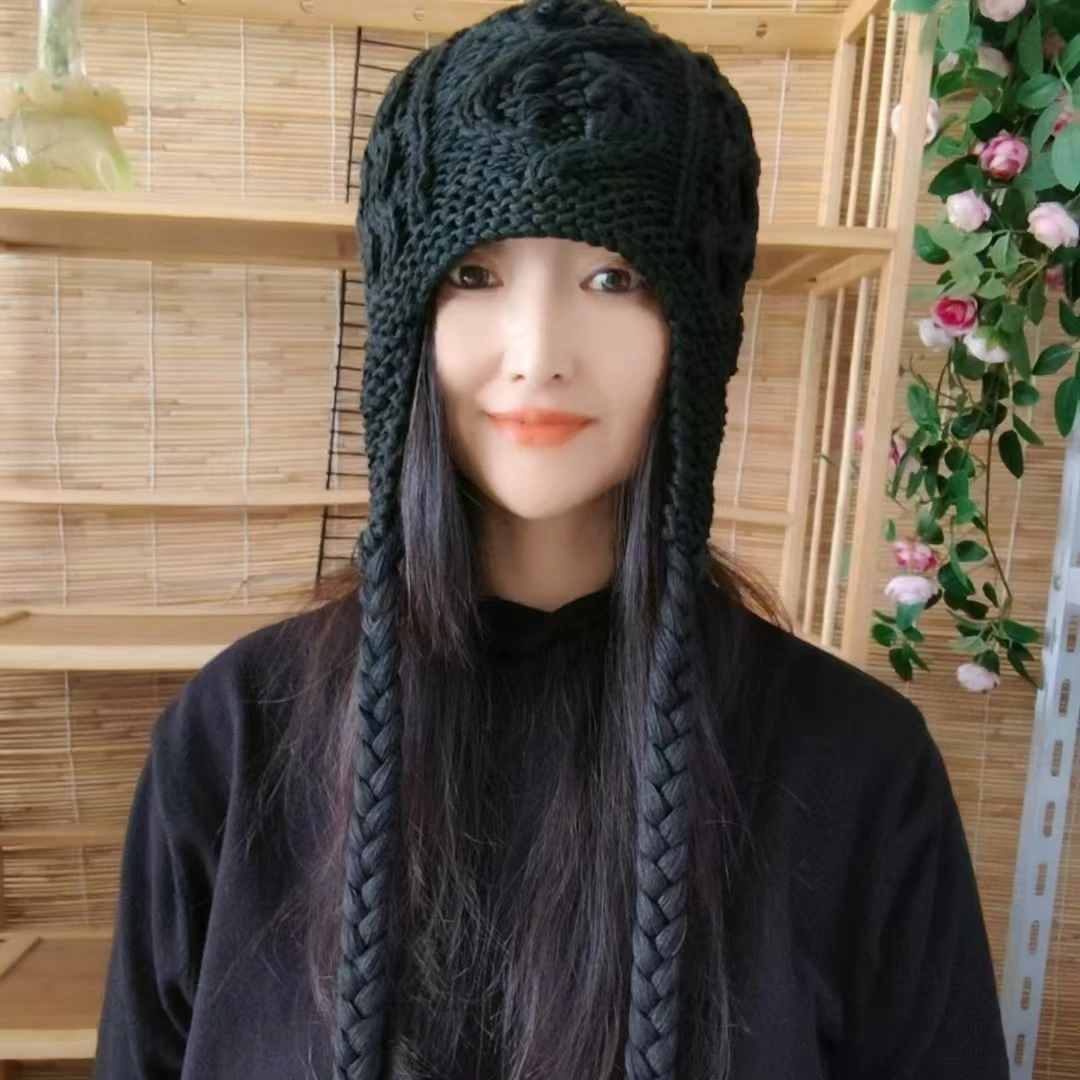 潮妈家手工棉麻线护耳大辫帽（手洗不可机洗）