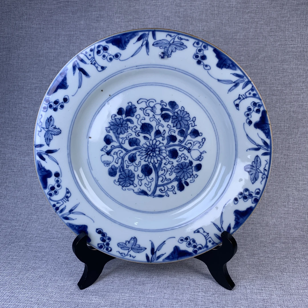 清代青花花卉盘古瓷器真品国营镇江市文物商店库出5018144