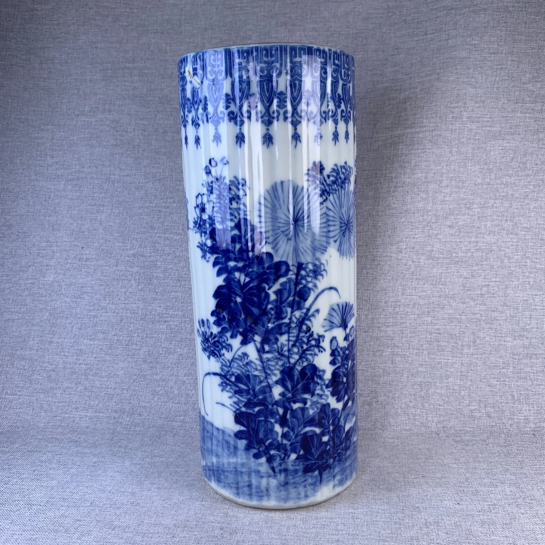清代青花花卉瓜棱帽筒古瓷器真品国营镇江市文物商店库出2896386