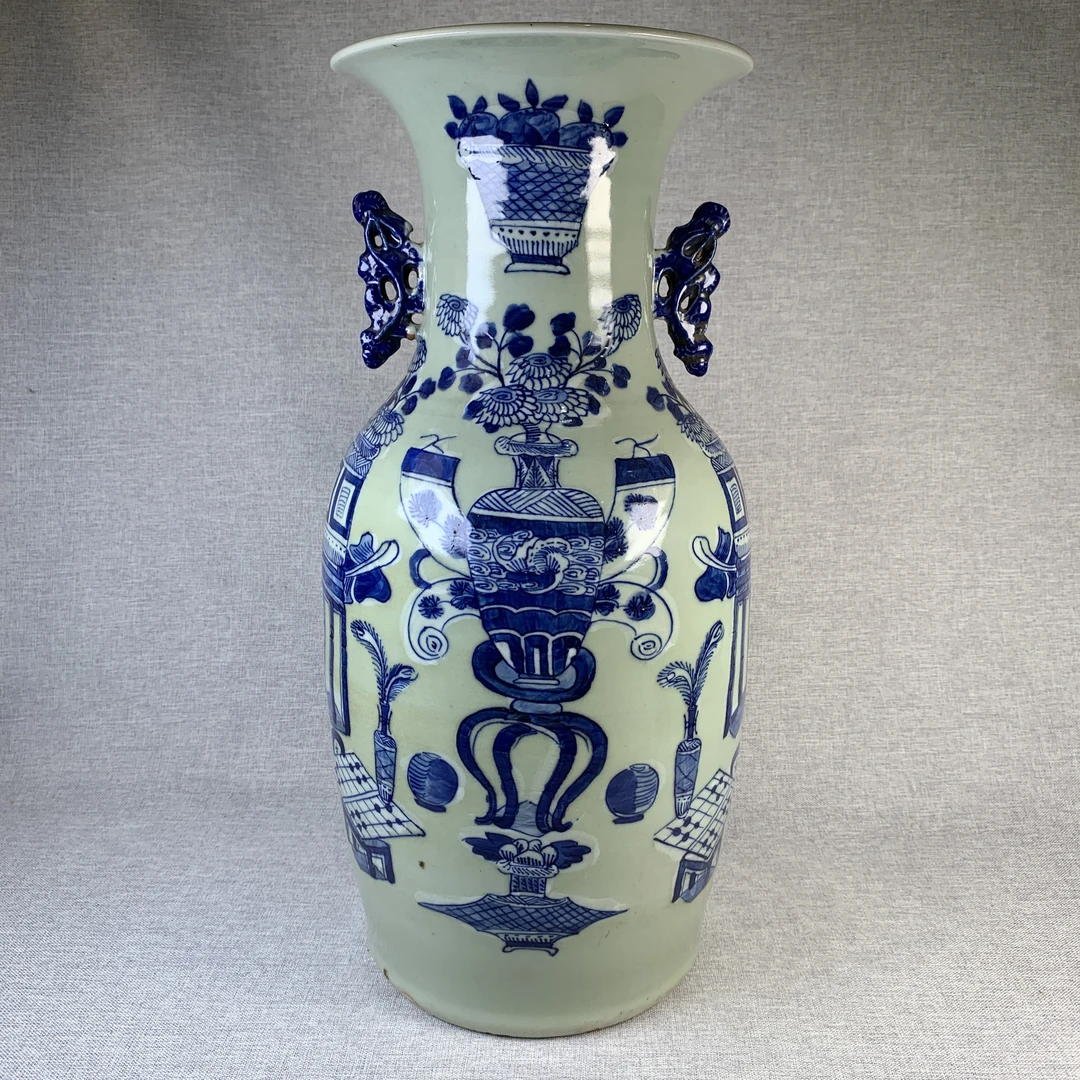 清代豆青釉博古纹瓶古瓷器真品国营镇江市文物商店库出2877188
