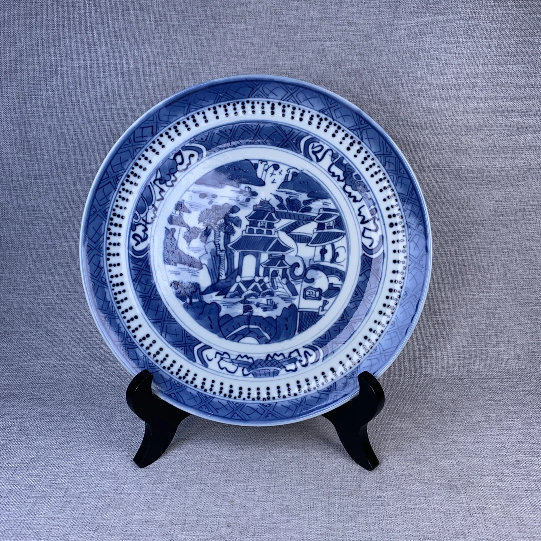 清代青花亭台楼阁盘古瓷器真品国营镇江市文物商店库出5008114