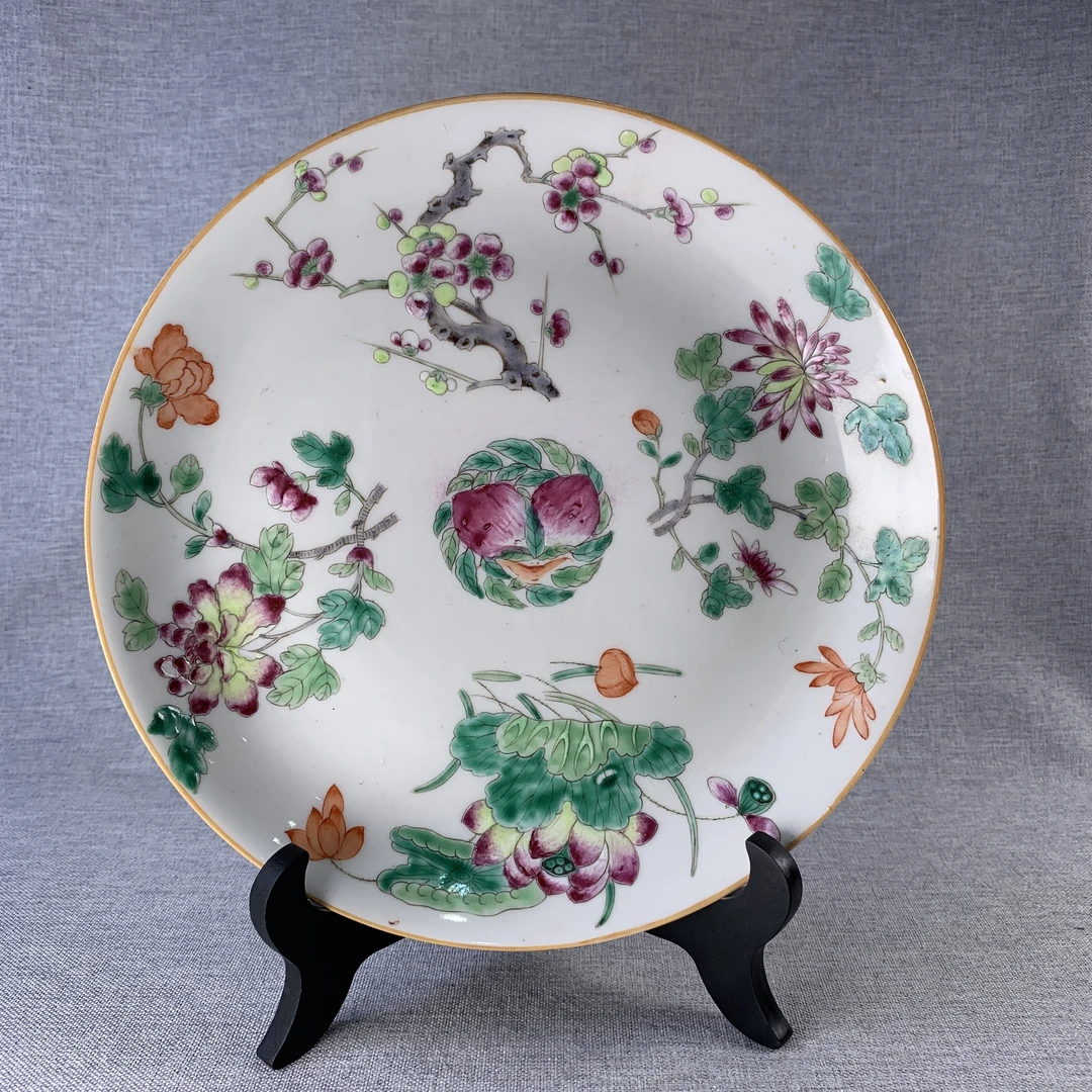清代粉彩四季花卉盘古瓷器真品国营镇江市文物商店库出2877015