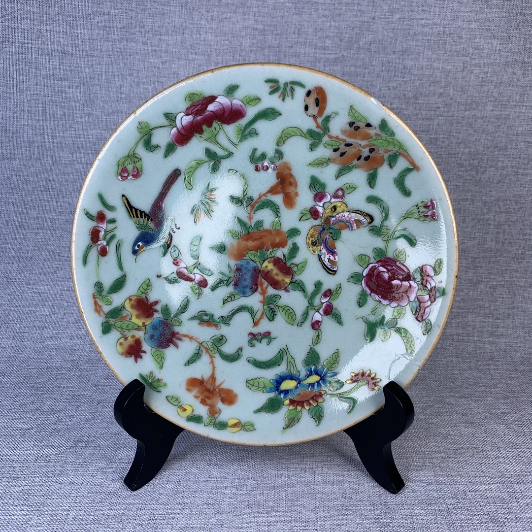 清代豆青釉花鸟盘古瓷器真品国营镇江市文物商店库出3068036