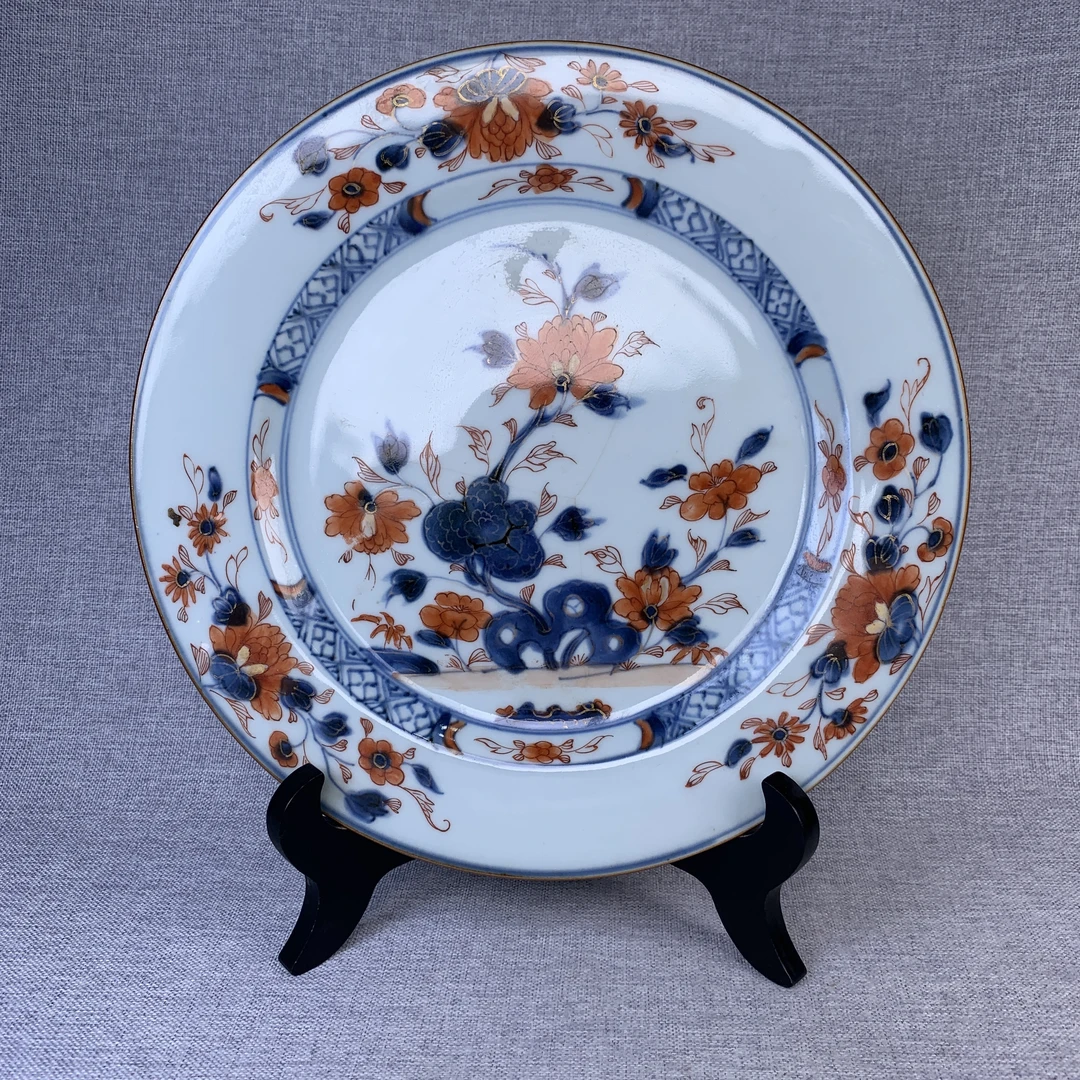 清代青花矾红描金花卉盘古瓷器真品国营镇江市文物商店2555053