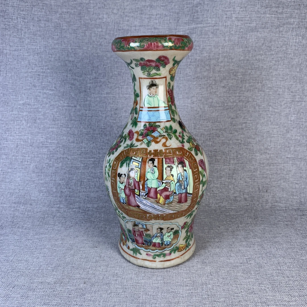 清代广彩人物瓶古瓷器真品国营镇江市文物商店库出5018038