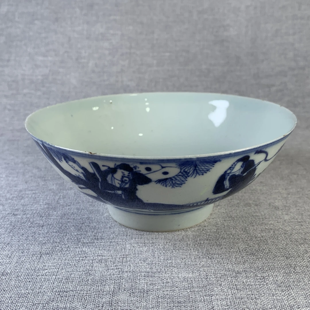 清代青花人物碗古瓷器真品国营镇江市文物商店库出2885138