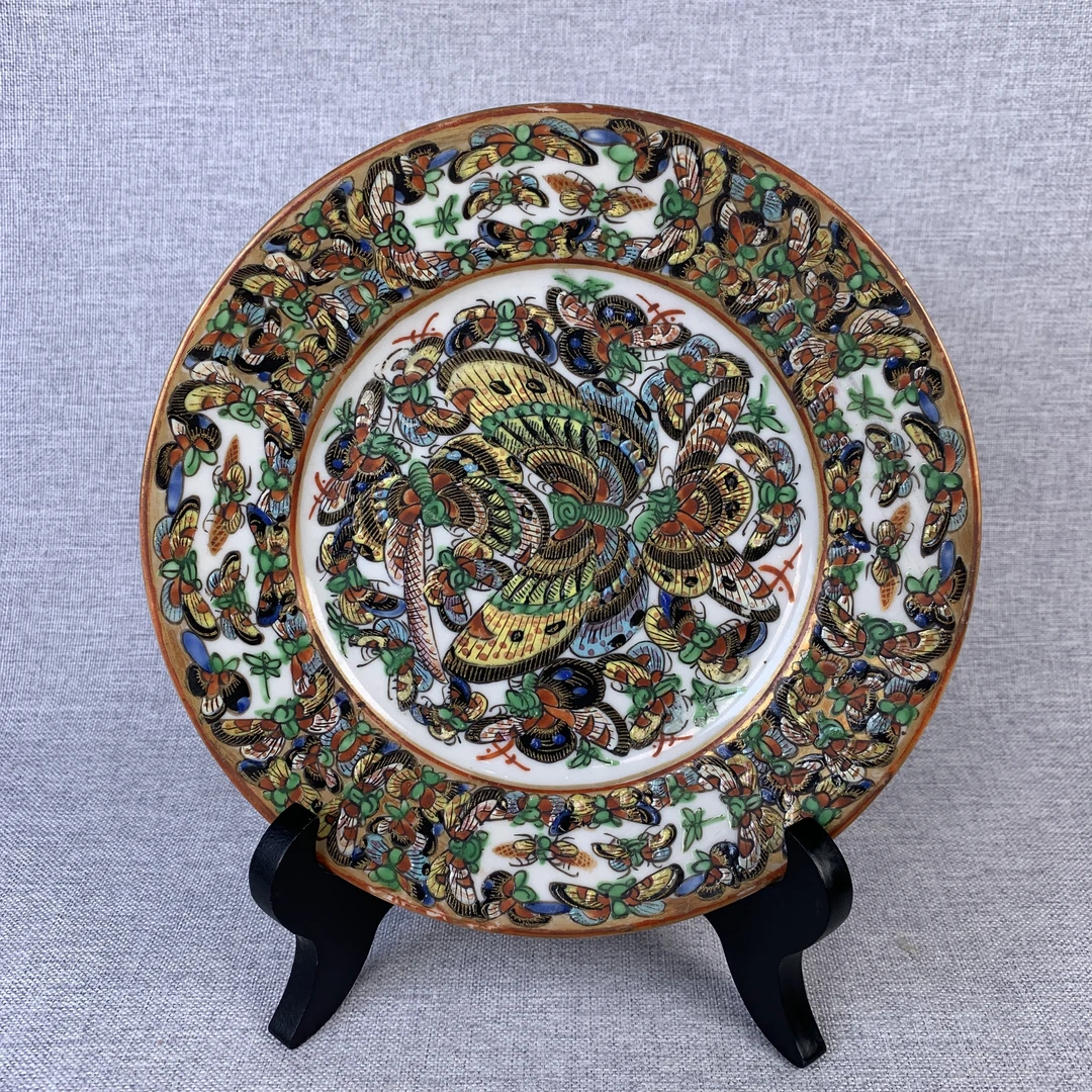 清代广彩百蝶盘古瓷器真品国营镇江市文物商店库出2893148