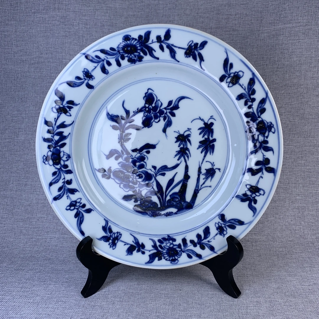 清代青花花卉盘古瓷器真品国营镇江市文物商店库出5018058