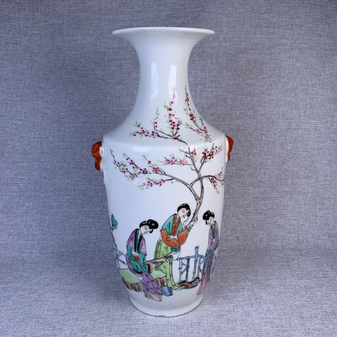 民国粉彩人物瓶古瓷器真品国营镇江市文物商店库出5008071