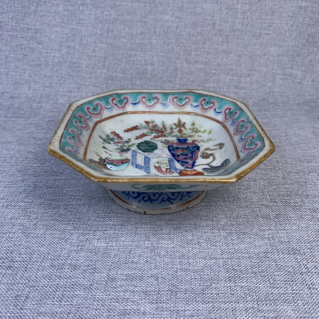 清代粉彩花卉盘古瓷器真品国营镇江市文物商店库出5028084