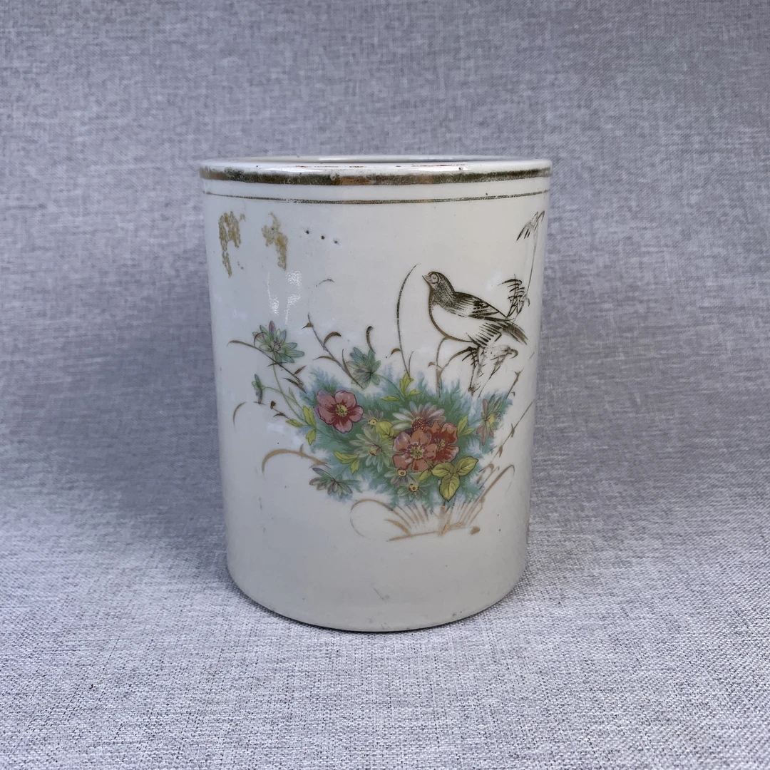 民国粉彩描金花鸟笔筒古瓷器真品国营镇江市文物商店库出2877132