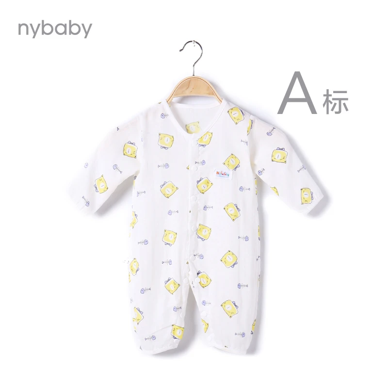 新款夏季婴儿纱布连体衣纯棉婴幼儿保暖长袖打底衣彩棉格子