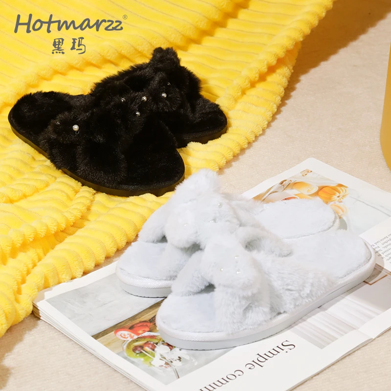 Hotmarzz 秋冬新款厚底外穿女一字拖百搭休闲毛毛拖蝴蝶结