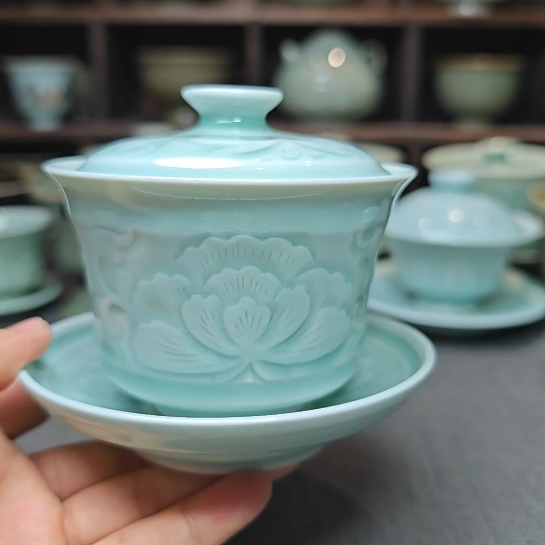 三才天青釉全手工制作盖碗微瑕