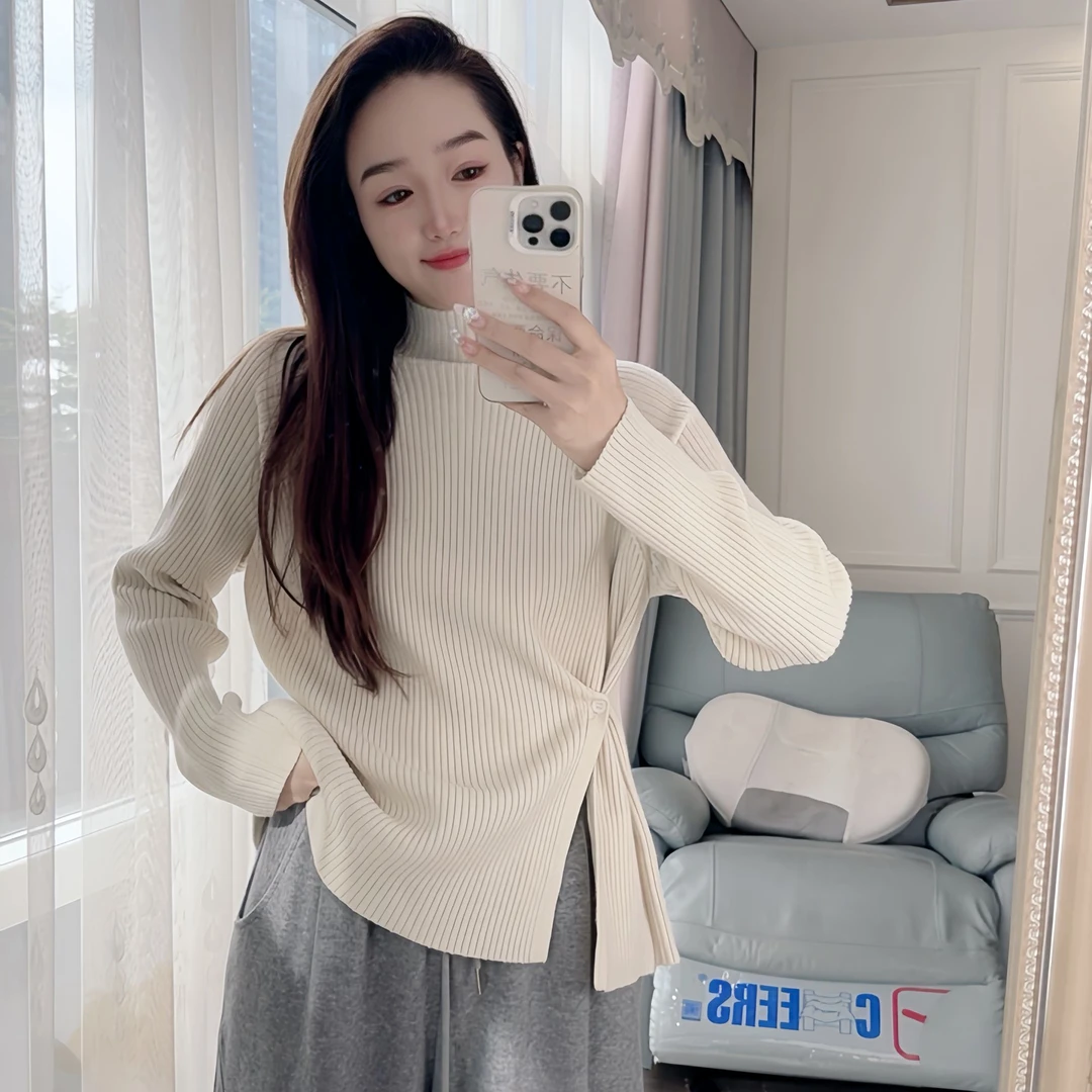 330现货秋冬季厚款长袖针织衫打底衫女装半高领小心机开叉套头