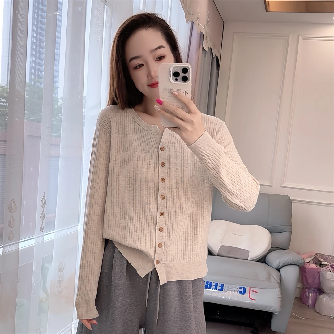 305现货秋冬季针织衫开衫宽松大码女装条纹剪刀领休闲长袖外套