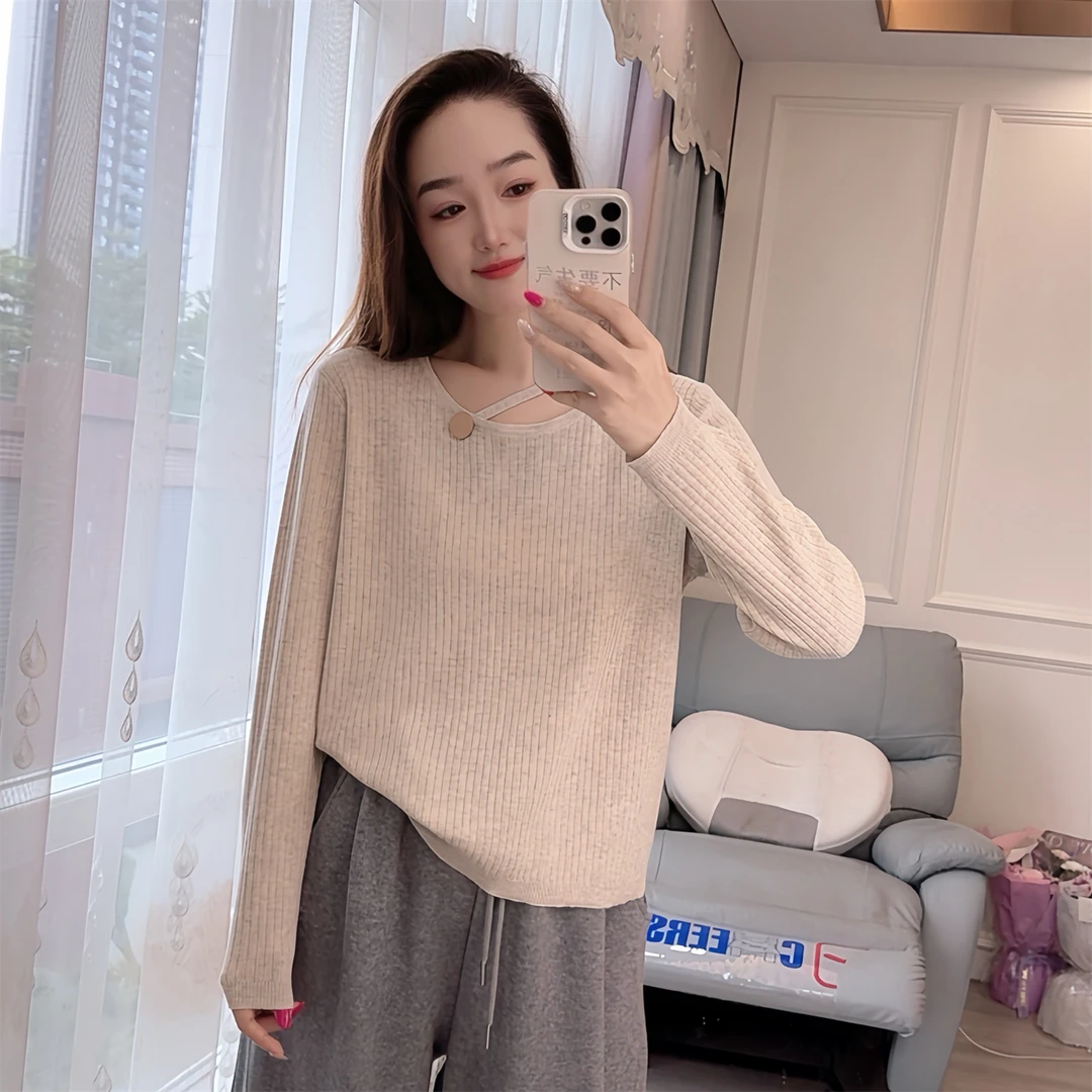 306现货秋冬季针织衫宽松大码女装挂脖休闲长袖百搭打底衫