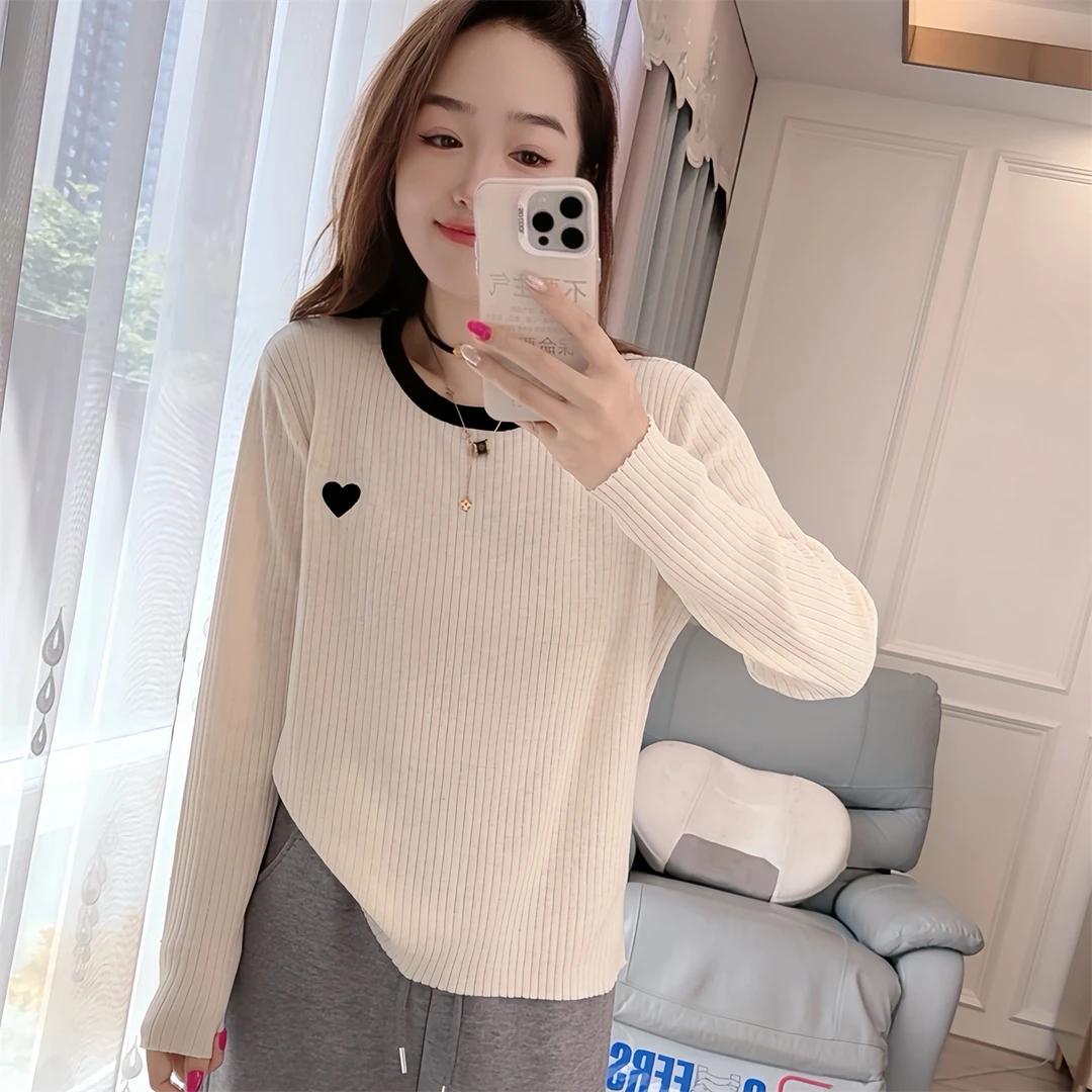 298现货秋冬季长袖针织衫打底衫大码女装刺绣爱心圆领长袖套头